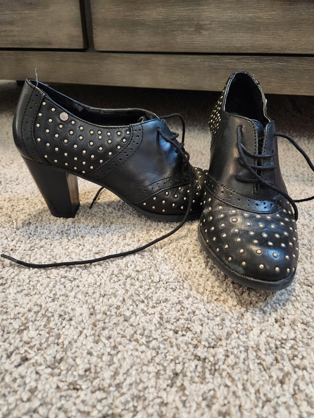 New GH Bass Black Leather Lace Up Studded Oxford Loafer Shoe Bootie Studs 7.5